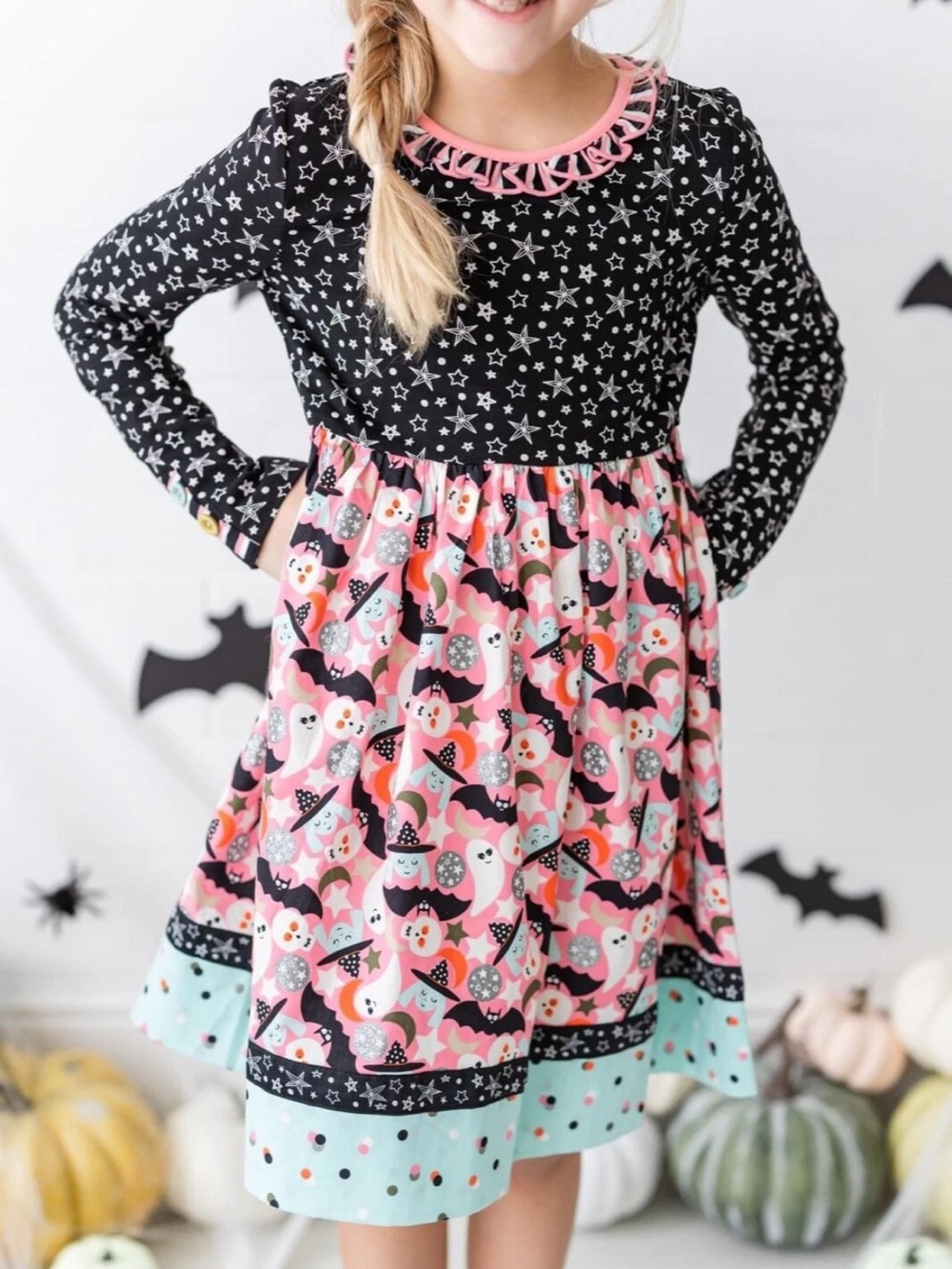 Matilda Jane Heart to Heart Halloween Dress Girls Size 12 Pink Ghosts Bats Star